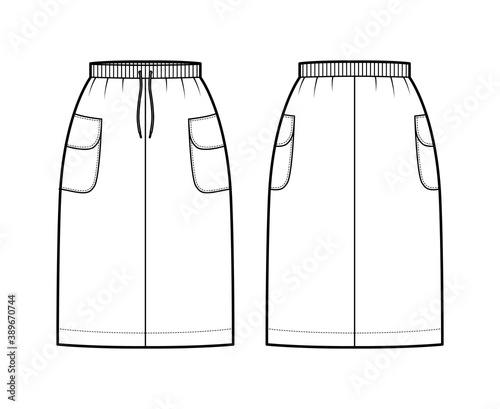 Skirt cargo technical fashion illustration with knee length, side pockets with flap, stretch drawstring waistband. Flat bottom template front, back, white color style. Women, men, unisex CAD mockup