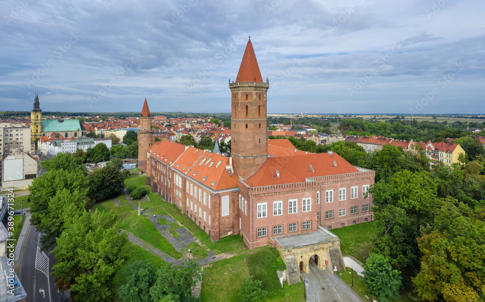 Aerial view of historic Piast Castle in Legnica, Lower Silesia, Poland