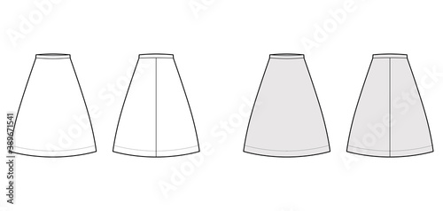 Skirt A-line fullness technical fashion illustration with knee lengths, straight, thin waistband. Flat bottom apparel template front, back, white, grey color style. Women, men, unisex CAD mockup