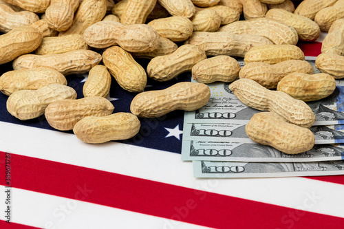 Closeup of peanuts in shell on flag of United States of America with 100 dollar bills. Concept of peanut farming, trade, tariffs and market price