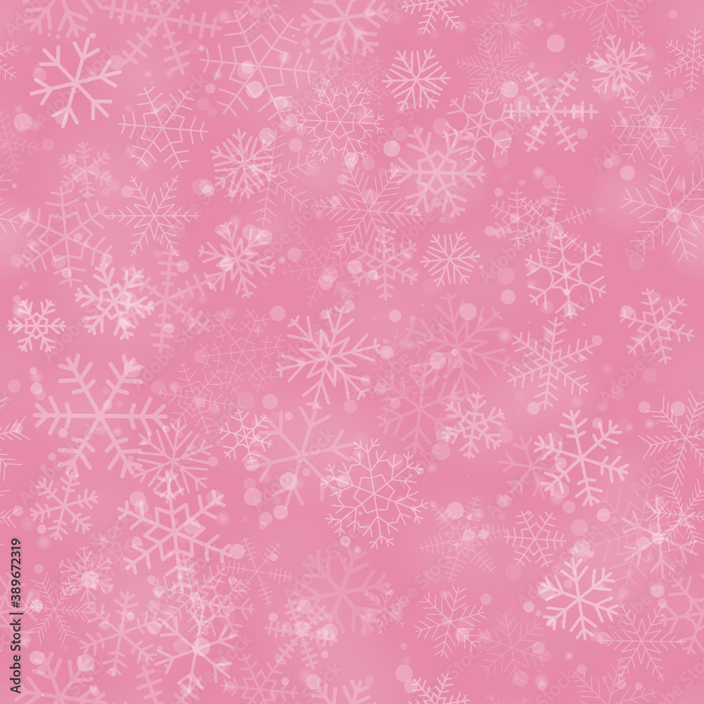 Christmas seamless pattern of snowflakes of different shapes, sizes and transparency, on pink background Christmas seamless pattern of snowflakes of different shapes, sizes and transparency, on pink background