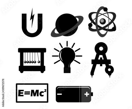 A set of icons related to quantum physics and mechanics. An icon showing everything seen in the physics lab.
