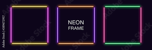 Neon square Frame. Set of quadrate neon Border in 4 outline parts. Geometric shape