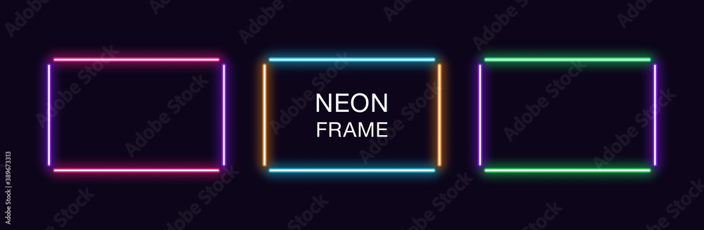 Neon rectangle Frame. Set of rectangular neon Border in 4 outline parts. Vector geometric shape