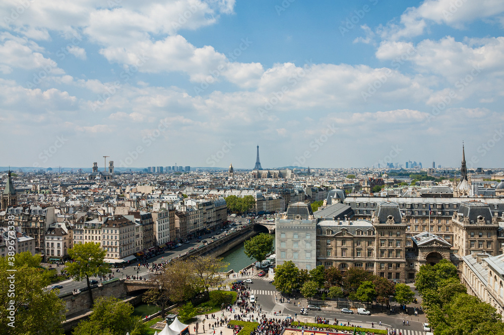 View from Notre-Dame Cathedral to Parvis Notre-Dame – Place Jean-Paul-II and the city of Paris, France