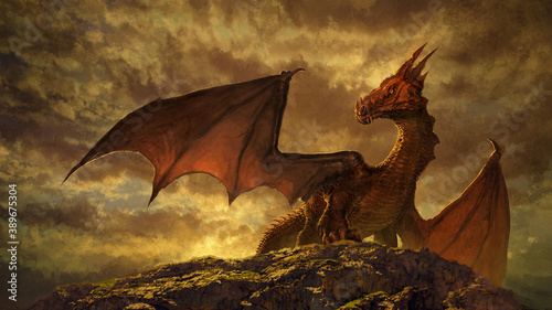 fantasy red dragon art - digital illustration
