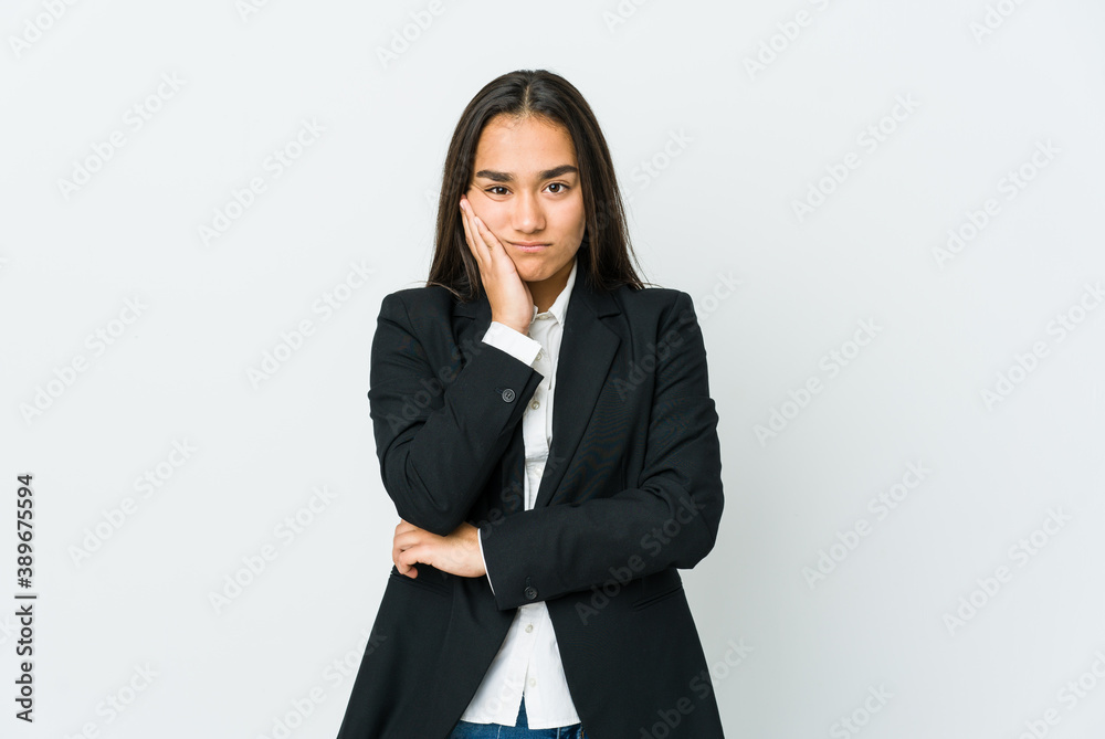 Young asian bussines woman isolated on white background who is bored, fatigued and need a relax day. Young asian bussines woman isolated on white background who is bored, fatigued and need a relax day.
