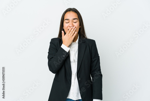 Young asian bussines woman isolated on white background yawning showing a tired gesture covering mouth with hand.