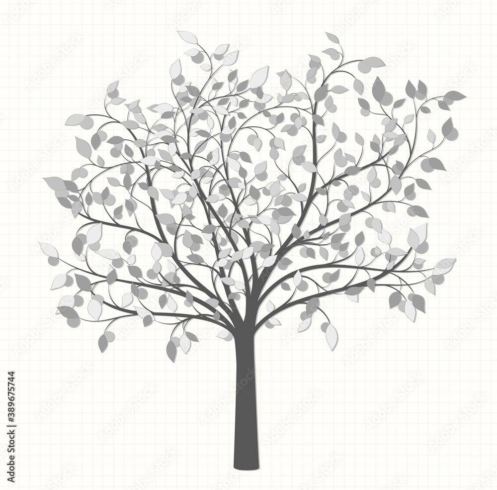 Drawing of a tree with leaves in gray vintage style on a notebook sheet