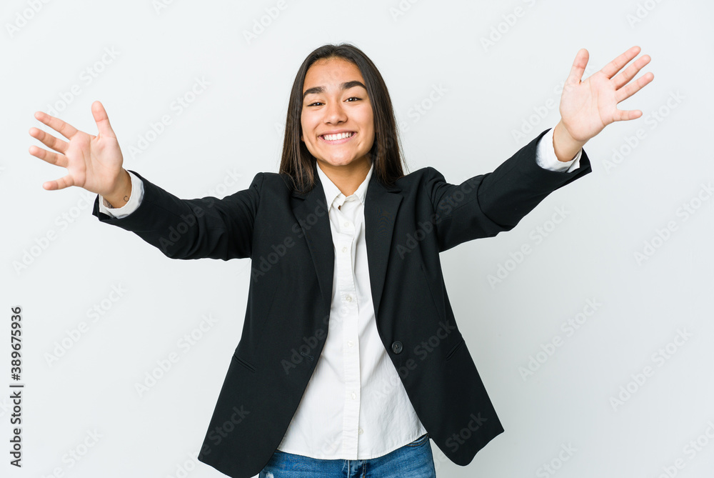 Young asian bussines woman isolated on white background feels confident giving a hug to the camera. Young asian bussines woman isolated on white background feels confident giving a hug to the camera.