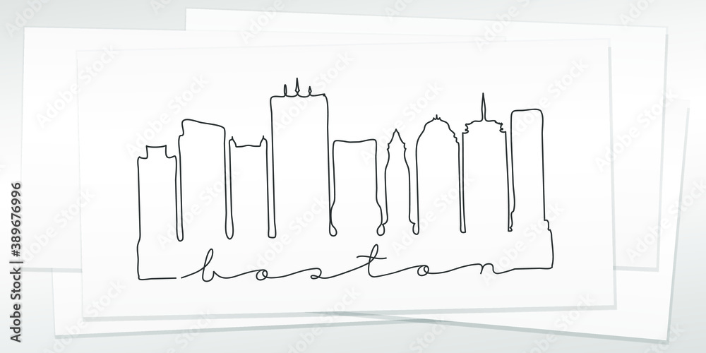 Boston, MA, USA Doodle Skyline Hand Drawn. City One Line Art Illustration Landmark. Minimalistic Sketch Pen Background.