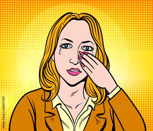 Crying woman. Pop art retro hand drawn style vector design illustrations.