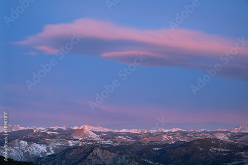 Winter landscape at dawn of the Front Range of the Rocky Mountains from Lost Gulch Overlook, Flagstaff Mountain, Boulder, Colorado, USA
