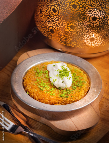 künefe, kenafeh, kanafah, kunafa, kadayif, turkish, cheese, kunafah, kunafeh, knafeh, kunefe with pistachio, Original Turkish Dessert photo