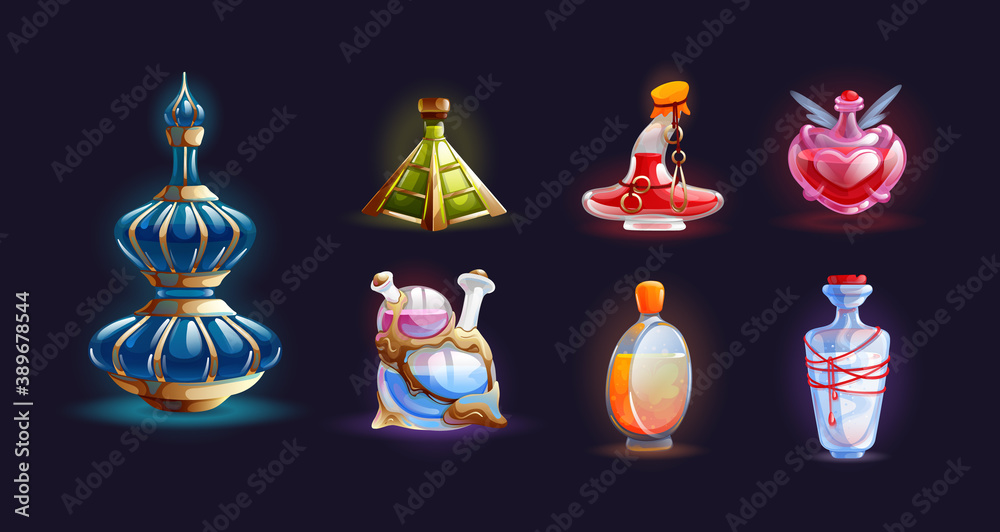 Magic bottle jars with potion. Isolated magic bottle jars with colorful liquids. Potion in glass bottles with poison, antidote, elixir. Fantasy chemical jars for game interface element Magic bottle jars with potion. Isolated magic bottle jars with colorful liquids. Potion in glass bottles with poison, antidote, elixir. Fantasy chemical jars for game interface element