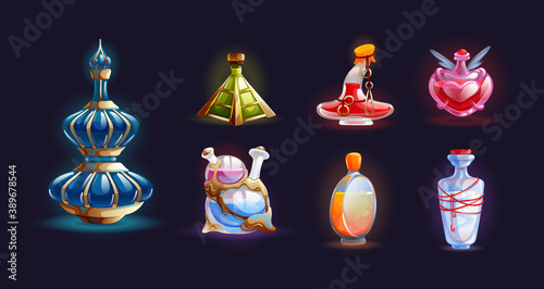 Magic bottle jars with potion. Isolated magic bottle jars with colorful liquids. Potion in glass bottles with poison, antidote, elixir. Fantasy chemical jars for game interface element