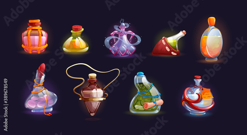 Magic bottle jars with potion. Isolated magic bottle jars with colorful liquids. Potion in glass bottles with poison, antidote, elixir. Fantasy chemical jars for game interface element