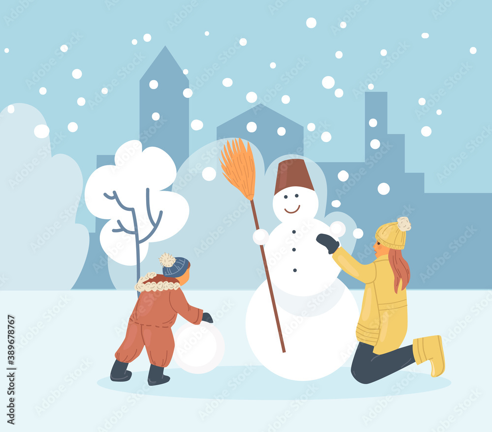 Active people in winter city park. Winter time. Children characters make a snowman. Wintertime games and leisure activity for kids. Outdoor winter activities cartoon vector