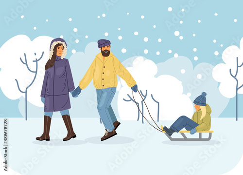 Active people in the winter park. Winter time. Happy family walking and ride child on sled. Outdoor winter activities cartoon vector
