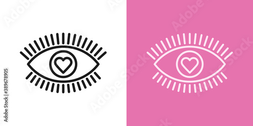 Outline love eye icon with editable stroke. Linear eye sign with heart iris, healthy vision