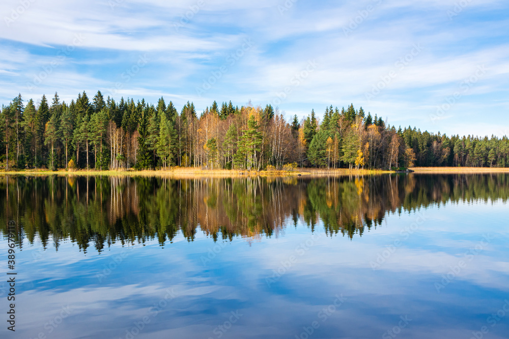 Autumn view of Liesjarvi National Park and The Lake Kyynara, Tammela, Finland