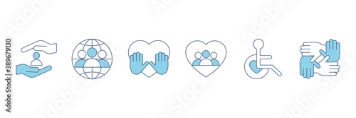 Voluntary, charity, donation set icons. Orphans and help, voluntary activity, heart in hands vector stock illustration isolated on white background.