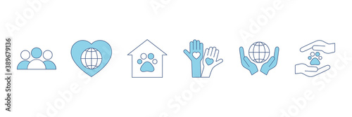 Voluntary, charity, donation set icons. Orphans and help, voluntary activity, heart in hands vector stock illustration isolated on white background.