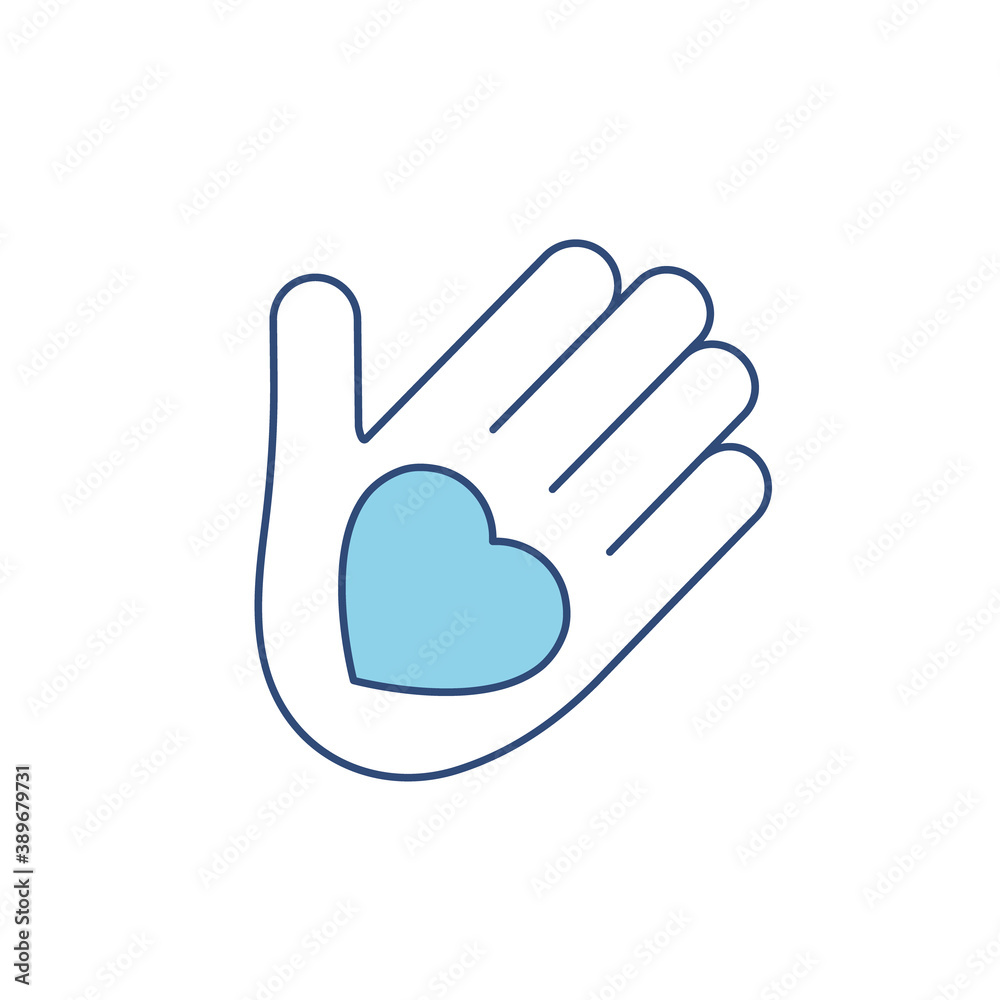 Heart blue silhouette icon on the hand isolated on the white background. Voluntary symbol illustration. 