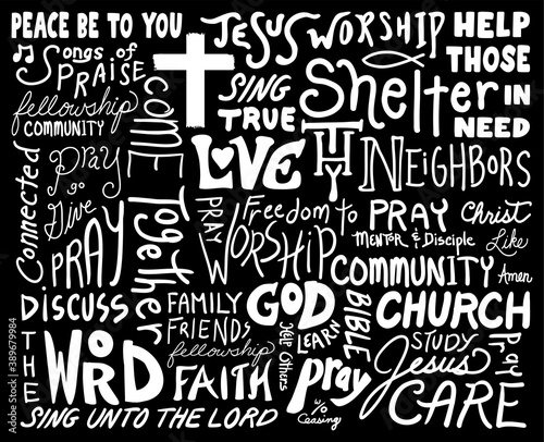 Religious word cloud art for church bulletins or projects about Jesus and God, hand written white font with prayer, faith and fellowship words for the community, and cross shape vector photo