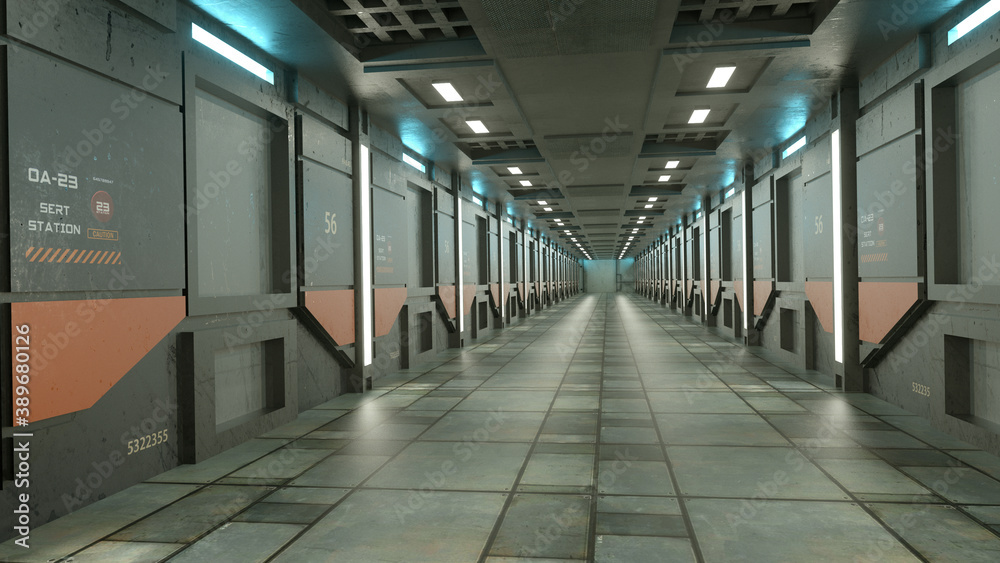 3d render. Futuristic hallway. Concept of modern architecture and interior spaceship 3d render. Futuristic hallway. Concept of modern architecture and interior spaceship