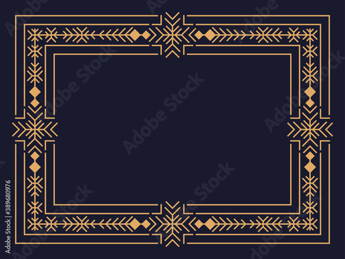 Christmas frame in art deco style with snowflakes. Line art vintage linear border. Design a template for invitations, leaflets and greeting cards. The style of the 1920s - 1930s. Vector illustration