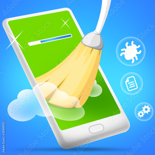 Mobile cleaning green blue Phone cleaning. a broom sweeps trash out of the phone. smartphone on a blue background