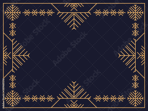 Christmas frame in art deco style with snowflakes. Line art vintage linear border. Design a template for invitations, leaflets and greeting cards. The style of the 1920s - 1930s. Vector illustration