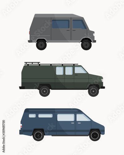 Set of van car. Camper van car. Vehicles in flat design vector illustration. 