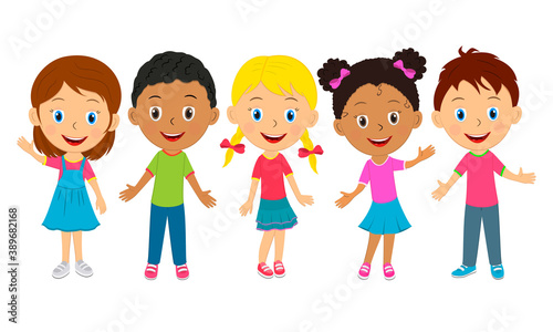 cartoon little kids stand togerther