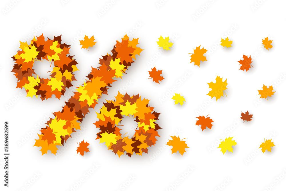 Percent sign made from bright yellow, orange and red maple leaves