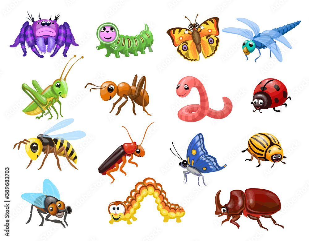 Cartoon insects set. Funny bugs, cute butterfly and beetles. Happy Ant, caterpillar wasp and spider for children vector illustration