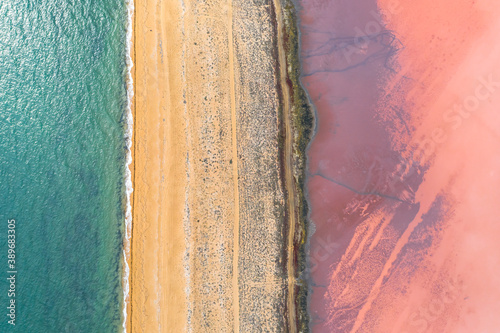 Pink lake on the Crimean Peninsula taken during the day from a quadrocopter