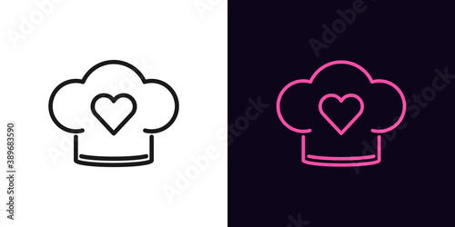Outline chef hat icon. Linear chef cap with heart, bakery sign with editable stroke