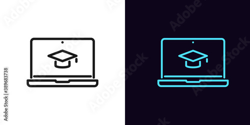 Outline online education icon. Linear webinar sign with editable stroke, digital study on laptop