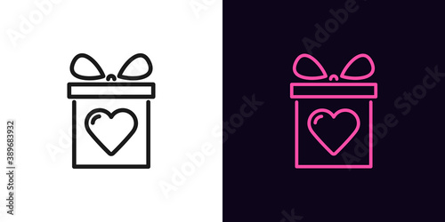 Outline gift box icon. Linear gift sign with heart, present with editable stroke