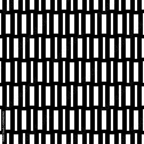 Repeated white geometric figures on black background. Seamless surface pattern design with symmetrical rectangles ornament. Polygons wallpaper. Dashed lines motif. Digital paper with stripes. Vector