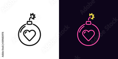 Outline bomb icon with editable stroke. Linear bomb sign with heart, love explosion