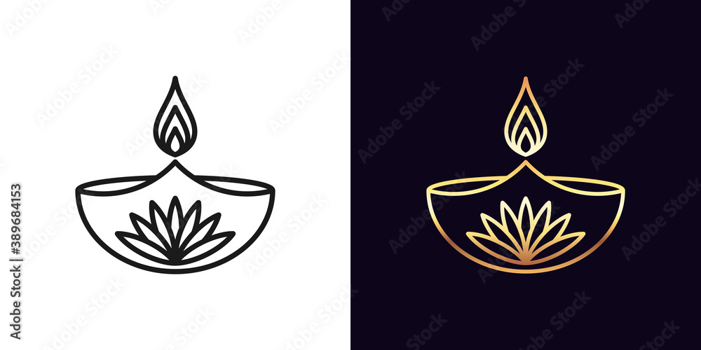Outline diya icon with editable stroke. Linear golden Diya lamp with ...