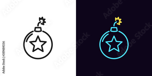 Outline bomb icon with editable stroke. Linear bomb sign with star, explosive rating