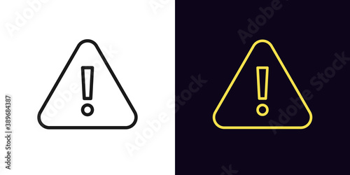 Outline warning icon. Glowing neon warning sign, exclamation mark with editable stroke