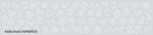 Christmas background. Merry Christmas and Happy New Year. Collection xmas icons. Winter, santa, tree, presents, snowflakes, holiday. Vector illustration.