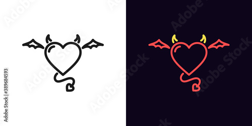 Outline devil heart, icon with editable stroke. Linear demon heart with wings, tail and horns
