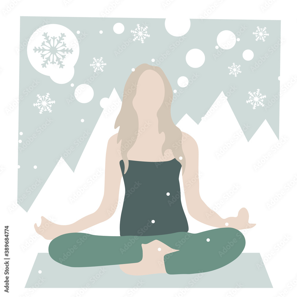 Meditating woman with calm though bubbles, winter background with snow flakes. Concept of meditation exercise, spiritual practice, calmness. Vector illustration.