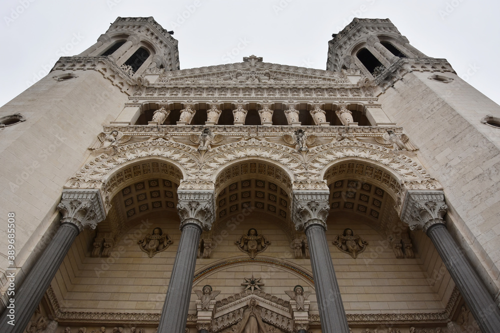 Exterior close up of the Basilica of Notre-Dame de Fourviere in Lyon, Rhone-Alpes, France
